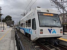 A VTA light rail train at Winchester station in February 2019