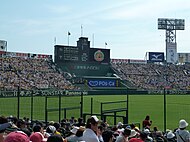 The outfield area of a baseball stadium with artificial turf, outdoors, seen from the stands near the fields; a fence roughly two meters high is atop the field wall. Beyond it, the rear wall has advertisements in Japanese with some brand names in English.