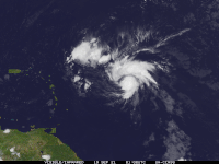 An infrared satellite loop of Tropical Depression Sixteen strengthening into Tropical Storm Peter on September 19, 2021.