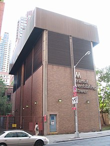 A ventilation tower for the 63rd Street Tunnel, as seen at ground level