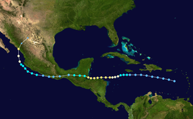 A map of Central America depicting a storm track which begins south of Puerto Rico and heads westward, crossing into the Pacific before turning north and striking the coast of the Mexican mainland.