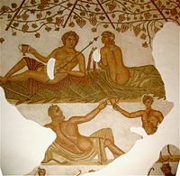 古罗马镶嵌画，描绘了戴欧尼修斯和阿里阿德涅的婚礼，旁边有西勒努斯和萨堤尔，公元2世纪，突尼斯突尼斯