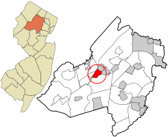 Location of Mine Hill Township in Morris County highlighted and circled in red (right). Inset map: Location of Morris County in New Jersey highlighted in orange (left).