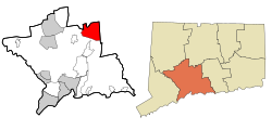 Meriden's location within New Haven County and Connecticut
