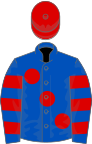 Royal blue, large red spots, hooped sleeves, red cap