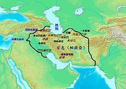 Map centered on the Middle East, the shaded green area represents the extent of the Parthian Empire.