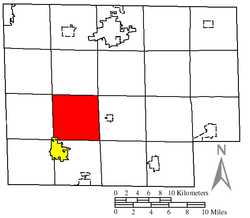 Location of Greenfield Township (red) in Huron County, next to the city of Willard (yellow)