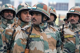 Indian Army soldiers of the Maratha Light Infantry during closing ceremony of Indra 2017 military exercise.