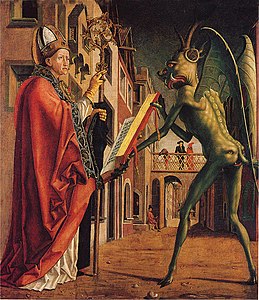 In the 15th century Saint Wolfgang and the Devil by Michael Pacher, the Devil is green. Poets such as Chaucer also drew connections between the color green and the devil.[52]