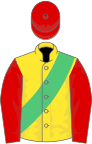 Yellow, emerald green sash, red sleeves and cap