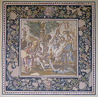 《帕里斯的评判》，以大理石、石灰石和玻璃作为镶嵌细石的古罗马镶嵌画，公元115–150年； 来自奥龙特斯河畔安条克的中庭式建筑（Atrium House）的卧躺餐厅