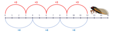 Number line with multiples of 3 and 4 highlighted up to the number 12. An illustration of a cicada sits at the number 13.