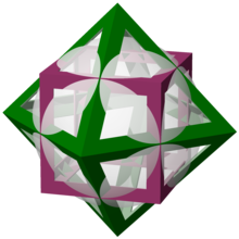 An outlined magenta cube and green octahedron, arranged so that each cube edge crosses an octahedron edge at the midpoint of both edges. A translucent sphere, concentric with the cube and octahedron, passes through all of the crossing points.