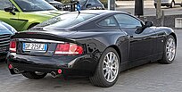 A rear three-quarters view of a black Vanquish S.