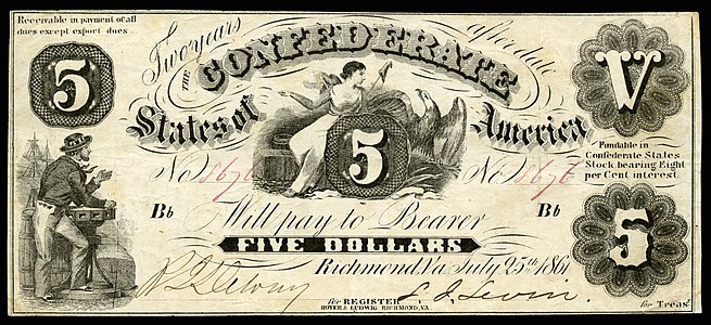 $5 (T11) Sailor (leaning), Liberty (seated) Hoyer & Ludwig (Richmond, VA) (73,355 issued)