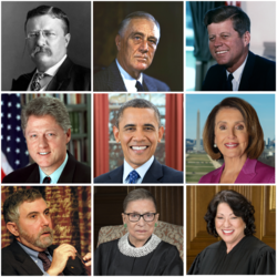 这是一幅美国著名自由主义者的拼贴画。从左到右，从上到下依次是：西奥多·罗斯福、富兰克林·德拉诺·罗斯福、约翰·肯尼迪、比尔·克林顿、贝拉克·奥巴马、南希·佩洛西、保罗·克鲁曼、露丝·贝德·金斯堡、索尼娅·索托马约尔