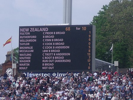The scoreboard at Lord's during the Test match between England and New Zealand in 2013, showing Trent Boult as the Not Out batsman at the end of New Zealand's second innings.