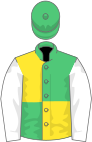 Emerald Green and Yellow (quartered), White sleeves, Emerald Green cap