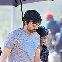 Ravi Teja with a gray T-shirt on the sets of Touch Chesi Chudu