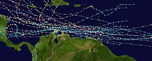Track map of all North Atlantic tropical cyclones affecting South America from 1850 to 2005