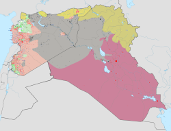 伊斯兰国政权的最大控制范围（2015年5月）[注 1]   由伊斯兰国控制   由叙利亚反对派控制   由叙利亚政府控制   由伊拉克政府控制   由黎巴嫩政府控制   由努斯拉阵线控制   由叙利亚库尔德人控制   由伊拉克库尔德人控制   由黎巴嫩真主党控制   由土耳其政府控制