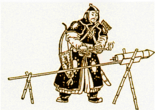 一个蒙古士兵点燃火箭的图画。火箭连着一根棍子，棍子被两个X形的木头支架撑起来。