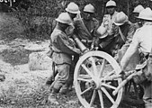 A mortar being unloaded from its wagon.