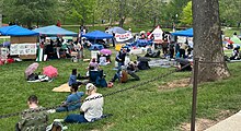 Pro-Palestinian protesters at an encampment at Dunn Meadow, a portion of Indiana University Bloomington, on April 29.