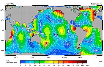 Map showing relative tidal magnitudes of different ocean areas。