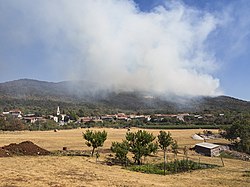 Fire on Trstelj Hill (2013). In the foreground, the village of Lipa.