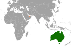 Map indicating locations of Australia and United Arab Emirates