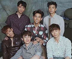 2PM in 2015 Clockwise from top to bottom: Chansung, Taecyeon, Wooyoung, Jun-K, Nichkhun, and Junho
