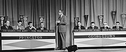 Allen Ludden hosting a match between Princeton and Georgetown University on the GE College Bowl, aired on CBS on February 3, 1959.