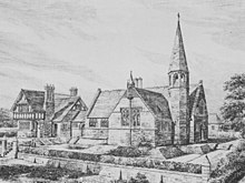 A black-and-white drawing, with the house to the left and the school to the right. The house is in stone with a jettied timber-framed upper storey; the school is in stone, T-shaped, and has a narrow octagonal turret and spire on its right.