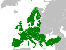 Map of Europe, with Eurail countries in green