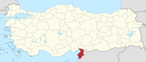 Hatay highlighted in red on a beige political map of Turkeym