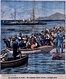 Crowded rowing-boats, loaded with civilians, set off from a busy shore towards an early 20th-century warship, waiting in the middle distance