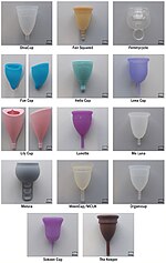 Scale images of 14 different menstrual cups, most bell shaped, two goblet-shaped (a sort of three-quarter-spherical bowl), two with smooth outsides and an asymmetrical thin-membrane turned-in lip, most with cylindrical stems, one with a loop, one with a ladder-like strip of loops, one with no stem.