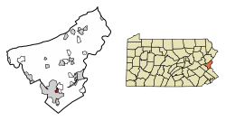 Location of Freemansburg in Northampton County, Pennsylvania (left) and of Northampton County in Pennsylvania (right)