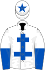 White, royal blue cross of lorraine, halved sleeves, star on cap