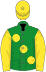 Green, large yellow spots, yellow sleeves, green chevron, yellow cap