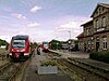 Opposing trains on the Kiel-Flensburg Railway meet at Süderbrarup in 2007