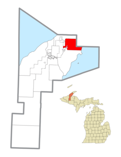 Location within Houghton County (red) with the administered portion of Lake Linden village (pink)