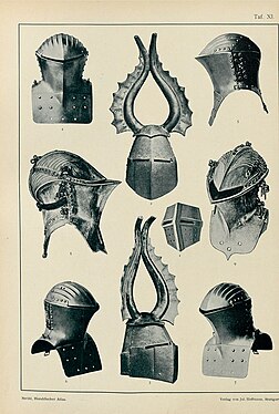 Some horned great helms depicted among jousting frog-mouth helms.