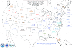 Map showing the highest rainfall totals measured in certain regions of the contiguous United States as of 2020.