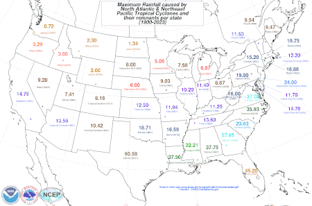 一张显示美国本土各州因热带气旋而造成的最高降雨量的地图
