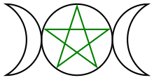A green pentagram circumscribed in black in center with a waxing crescent moon on the left and waning crescent moon on the right.