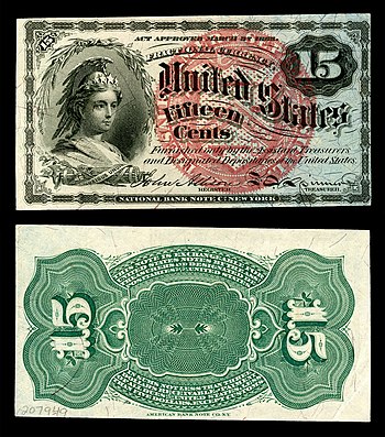 Obverse and reverse of a fifteen-cent fourth-issue fractional-currency banknote