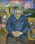 Portrait of Père Tanguy, (1887), Musée Rodin. Vincent collected hundreds of Japanese prints and they can often be seen in the backgrounds of several of his paintings. In his 1887 Portrait of Père Tanguy several prints can be seen hanging on the wall behind the figure.[17]
