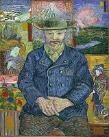 Portrait of Père Tanguy, (1887), Vincent collected hundreds of Japanese prints and they can often be seen in the backgrounds of several of his paintings. In his 1887 Portrait of Père Tanguy several prints can be seen hanging on the wall behind the figure. [3]